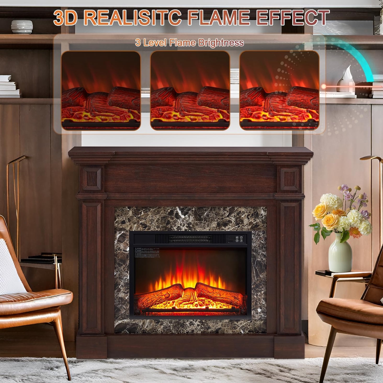 HZWDD 45" Electric Fireplace with Mantel, Fireplace Heater Freestanding, Realistic Stacked Stone Surround with Remote Control Timer LED Flame