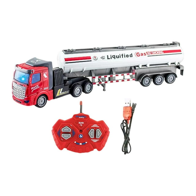 camión contenedor de juguete con control remoto, modelo de vehículo de ingeniería para niños mayores de 3 años 34 x 65 x 9 cm Vista 3/4 frontal de camión cisterna con cabina roja y remolque tanque blanco marcado 'Liquified Gas'; incluye control remoto rojo de botones y cable USB de carga sobre fondo blanco. Adecuado para juego de simulación en sitios de construcción.