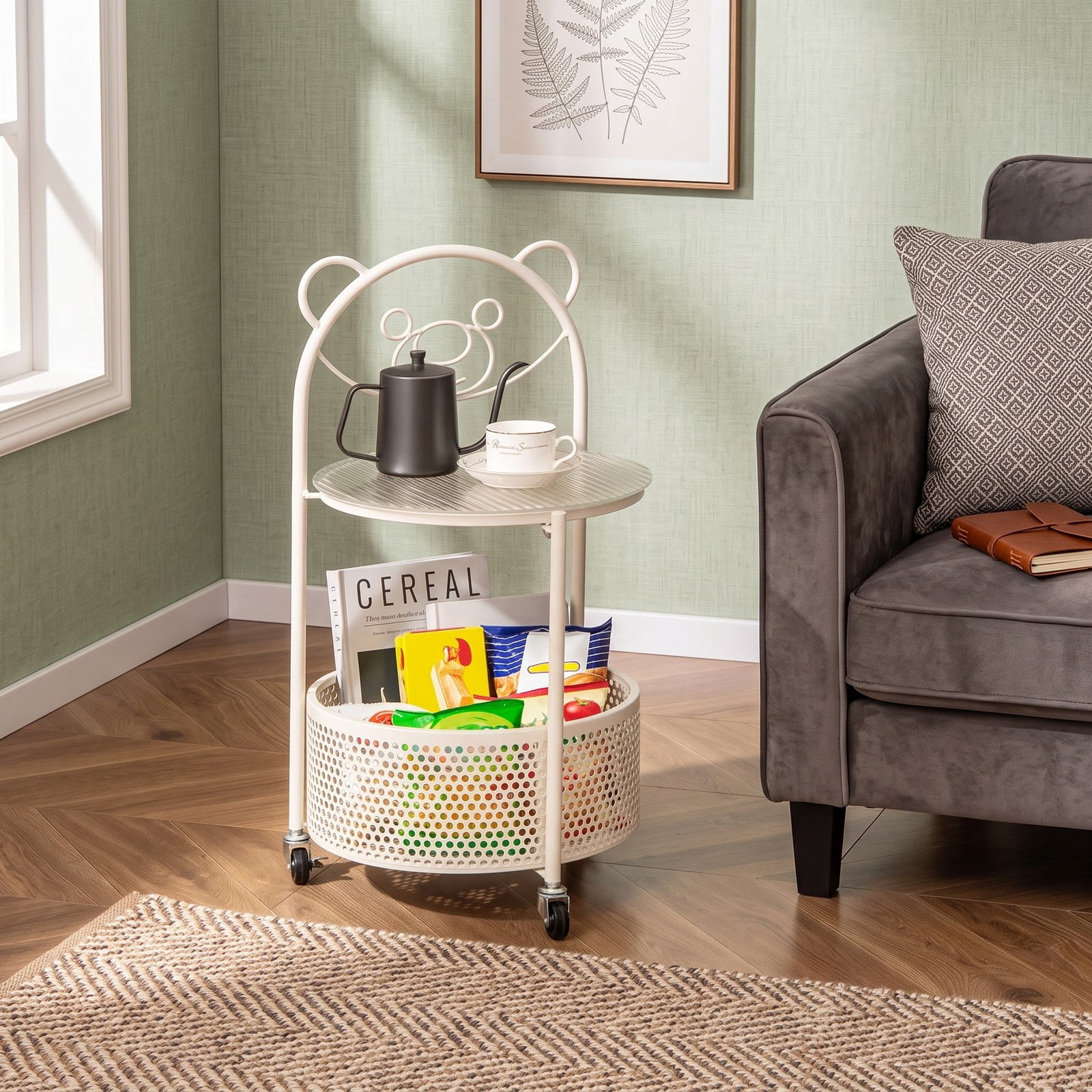 Furnibear Modern Sofa Side Table with Lockable Wheels, Round Tempered Glass End Table with Metal Storage Basket for Living Room Bedroom Study, Rolling C-Shaped, White