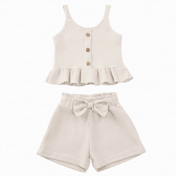 NOLDARES Toddler Kid Girl Outfits Clothes Sleeveless T-Shirt Top Pocketed Summer Short Sets 4-7T Girl Clothes(Beige,6-12 Months)