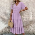 thumbnail image 4 of Tqcoqu Women's Casual Summer Dress V Neck Short Sleeve Flowy Stretchy Comfort Fit for Daily Wear Work Midi Dresses,Purple,Women's S-XXL, 4 of 7