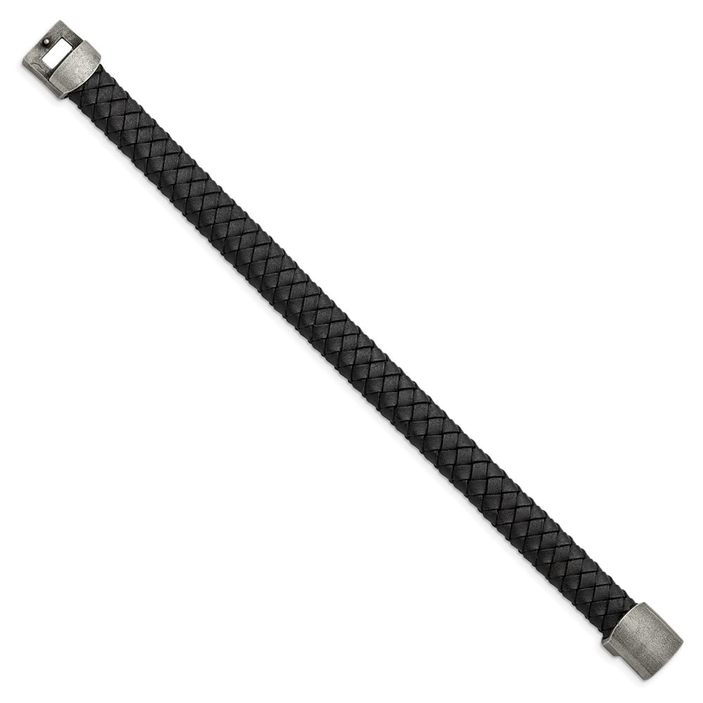 Diamond2Deal Stainless Steel Antiqued Black Braided Leather Bracelet for Men 8.25"