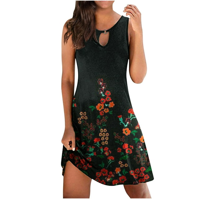 Cameland Robes pour Femmes Imprimées Confortables Amples Sans Manches Robe Décontractée Robe d'Été Rouge G