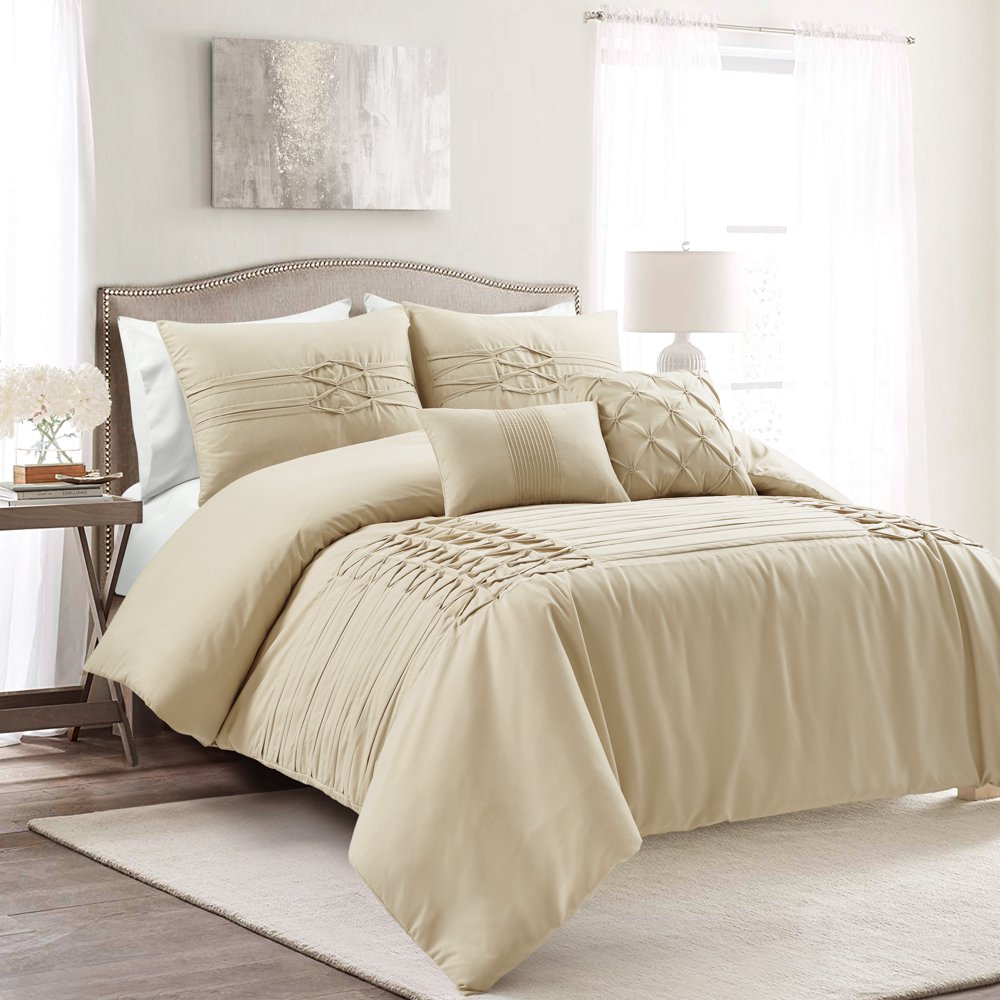 Lush Decor Arora Pleat Textured Polyester Comforter, King, Neutral, 5