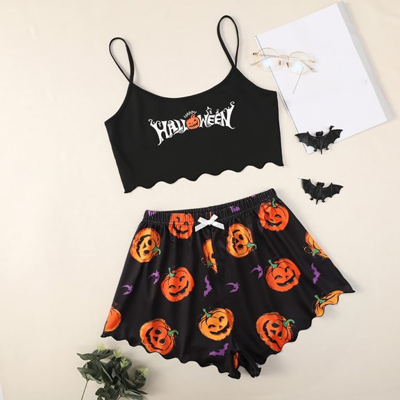 Halloween Pajamas for Women Set Print Lettuce Trim Top and Shorts Cute Funny Skeleton Pajama Sets Sleepwear