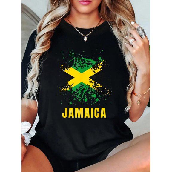 Jamaica Retro Vintage Watercolors Sport Jamaican Flag T-Shirt casual short sleeve crew neck cotton tee tops for women