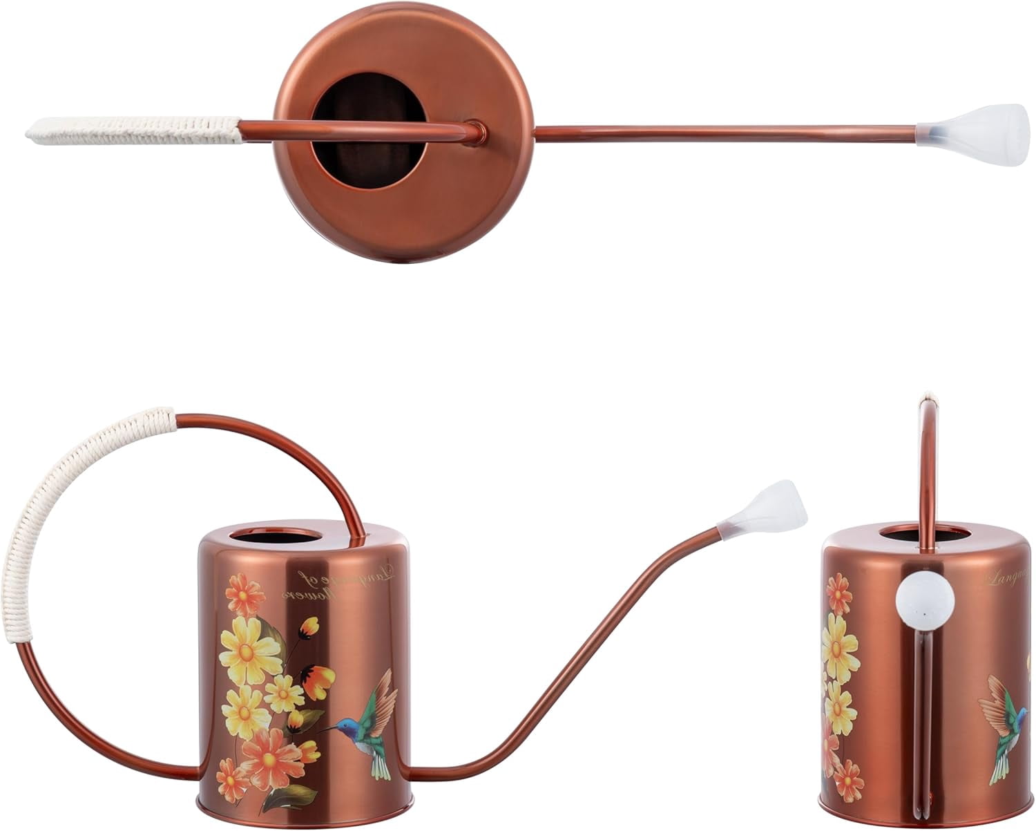 1/2 Gallon 68oz Long Spout Stainless Steel Flower for Indoor Plant Watering or Outdoor Gardening with 2 Removable Spray Spout for Flowers Plant Hummingbird Pattern Watering Can, Bronze