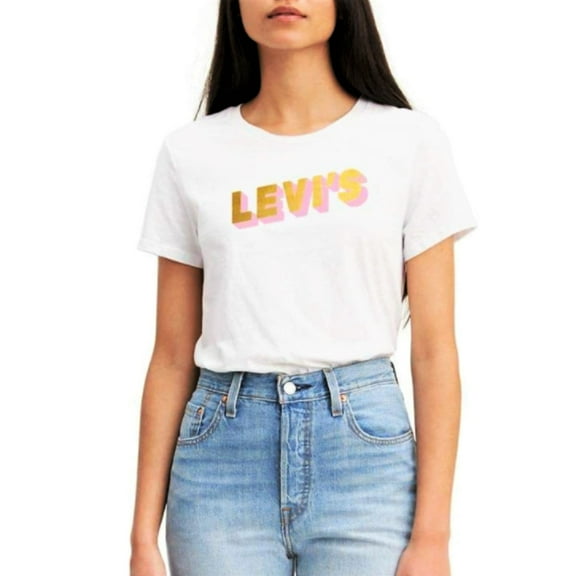 Levi's Women's The Perfect Tee Gold Pink Glitter Logo Print Cotton T-Shirt-White / S