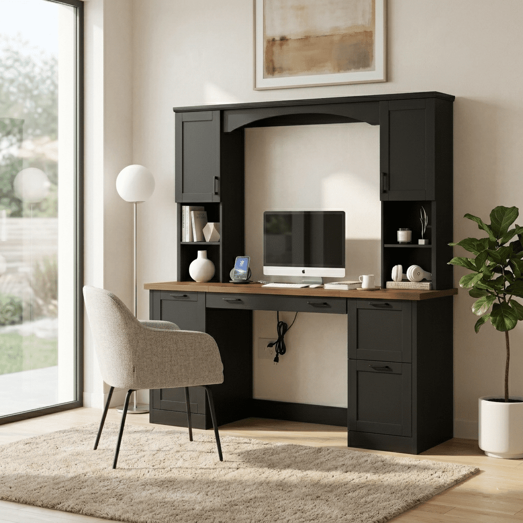 Howcool 68.6"H Farmhouse Arched Computer Desk with Hutch, Workstation with Built-In Charging Station, Keyboard Tray, All-in-One Writing Desk with File Drawer for Home Office
