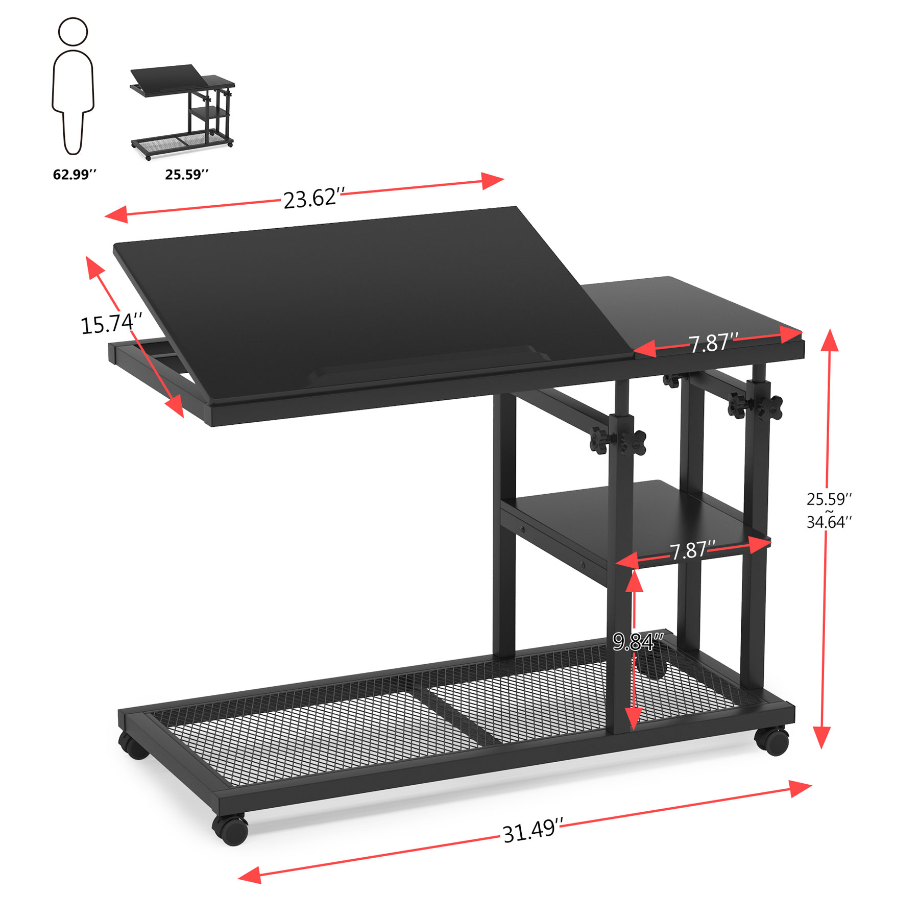 Fnova Mobile Side Table with Wheels, Snack Tray, Height-Adjustable C-Shape Desk, Tiltable Drawing Board, Laptop Stand, Storage Shelves for Living Room, Bedside Table for Couch