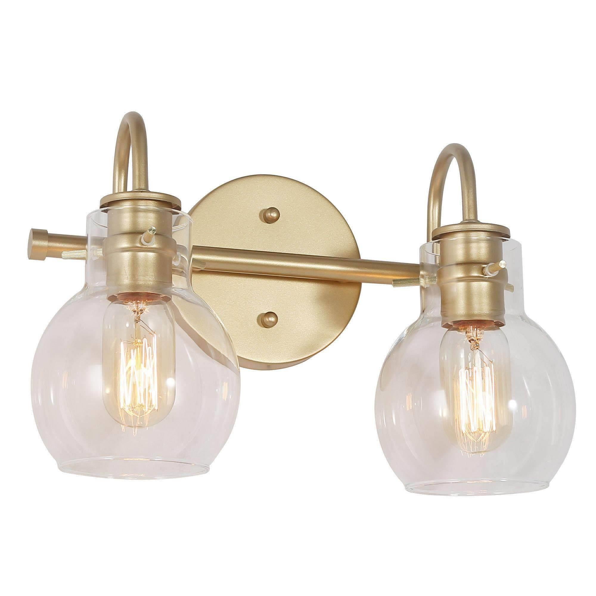 LNC 2-Light Modern Matte Gold and Globe Clear Glass LED Vanity Light For Bathroom