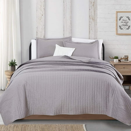 3-Piece Detailed Channel Stitch Quilt Set with Shams. Ash Gray King ...
