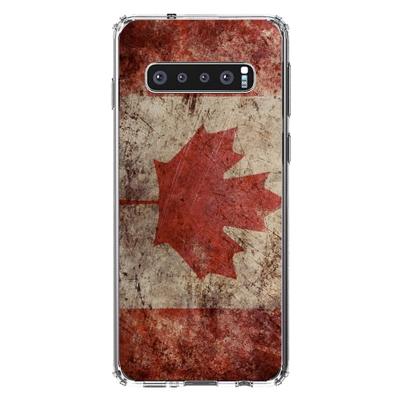 DistinctInk Clear Shockproof Hybrid Case for Samsung Galaxy S10  PLUS(6.4" Screen) - TPU Bumper, Acrylic Back, Tempered Glass Screen Protector - Canadian Flag Old Weathered -Canada
