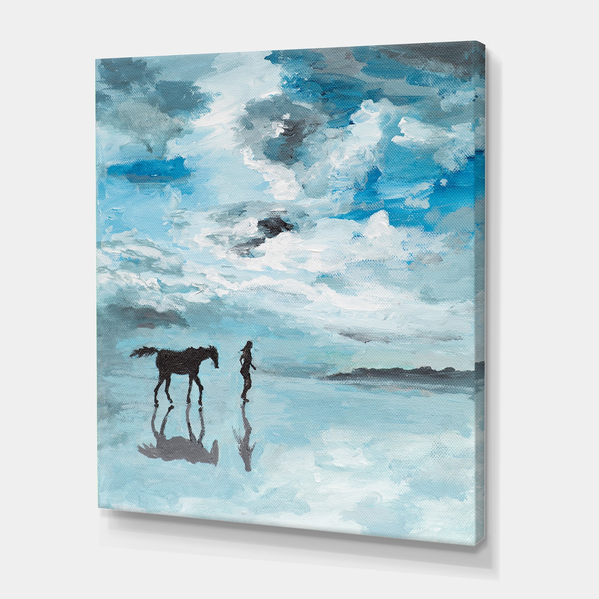 Designart ' Peaceful Scene Of Horse and Man Running By The Water ' Farmhouse Canvas Wall Art Print