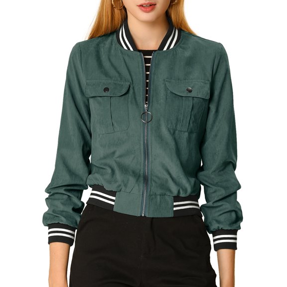 INSPIRE CHIC Women's Jacket Stand Collar Long Sleeve Zip up Flap Pocket Bomber Jacket M Green