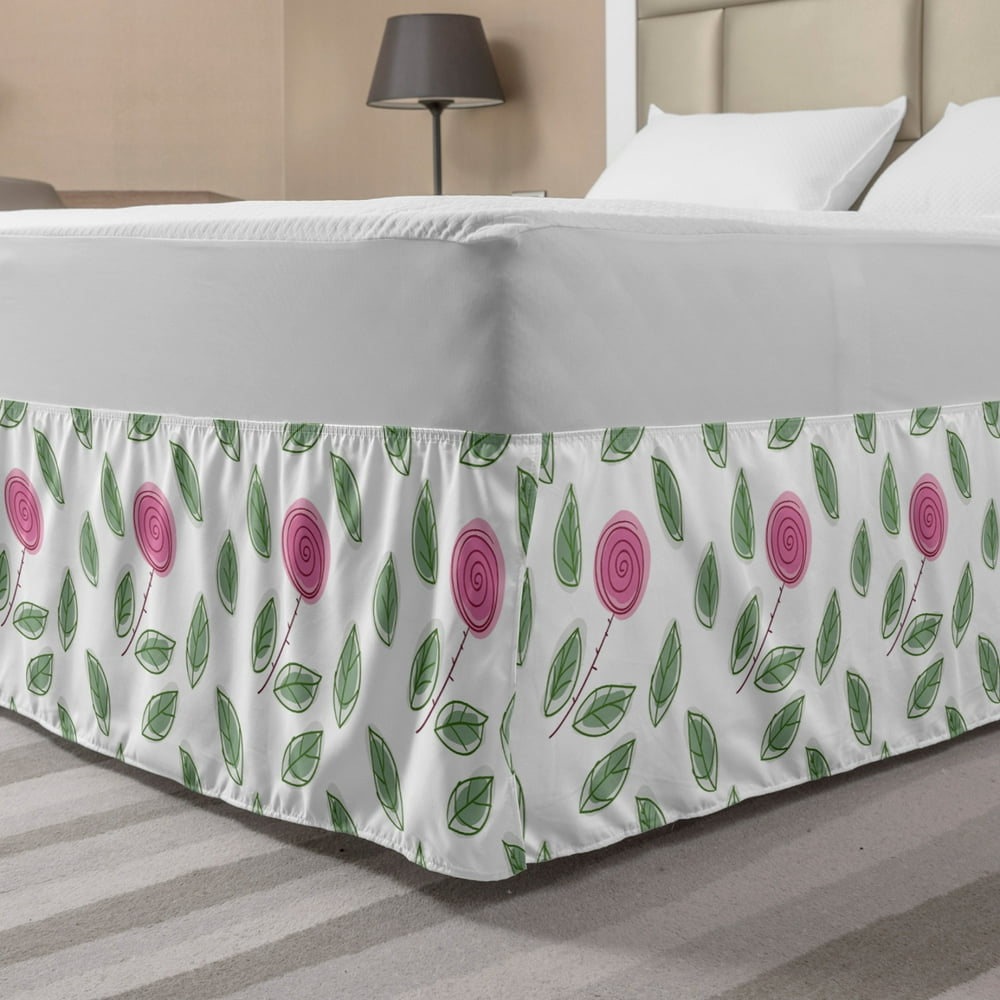 Rose Bed Skirt, Modern Pattern Pink Rose Blossoms with Spiral Designs and Green Leaves, Elastic