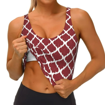 Qokaie Red Moroccan Pattern Womens Scoop Neck Sports Bra Breathable Workout Vest Padded U Back Medium Impact Fitness Gym Yoga Bra Workout Crop Top