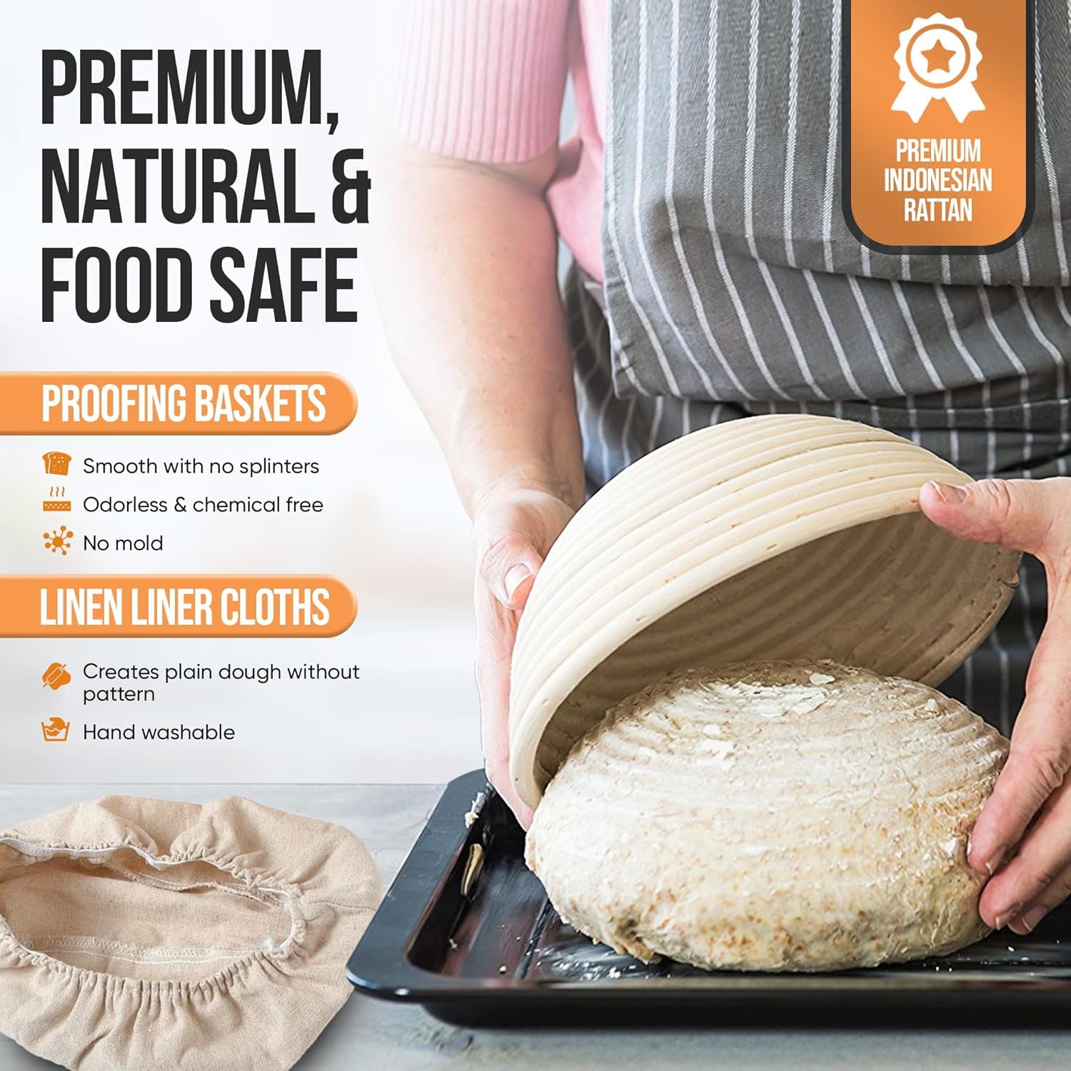 Set Of 2 Round Sourdough Proofing Baskets (Bannetons) - 7 & 9 Inch, Premium Rattan With Liners, For Artisan Bread Baking At Home