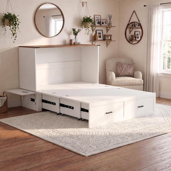 White Farmhouse Murphy Bed, Foldable Cabinet Bed with Storage Drawer and Charging Station, Noiseless Hideaway Bed for Guest Room