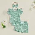 thumbnail image 2 of WUANDIXFA Baby Girl 3Pcs Summer Floral Clothes Ruffles Short Sleeve Romper Shorts Set with Headband Outfits (Green, 12-18 Months), 2 of 3