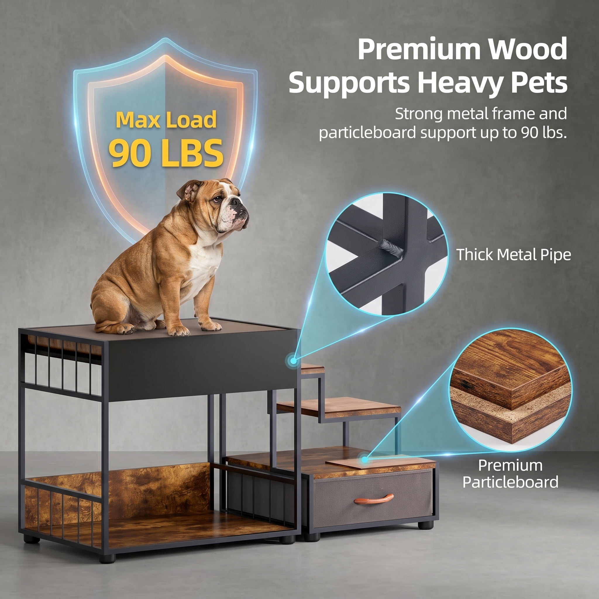 Pet Step Window Perch for Dogs and Cats, 47.2 in Multi-Level Bedside Pet Stairs with Storage Drawer, Non-Slip Pad, Vintage Brown