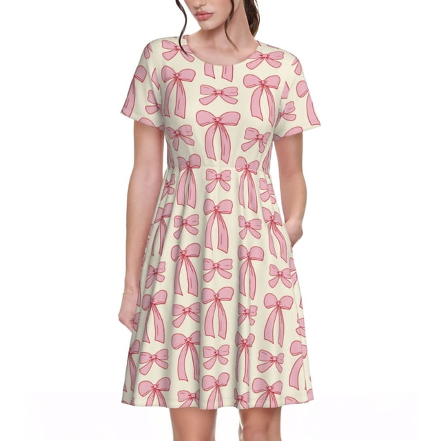 Disketp pink hand drawn bows para Vestido de Manga Corta para Mujeres, Vestidos de Verano para Mujeres, Casual y Holgado para la Playa