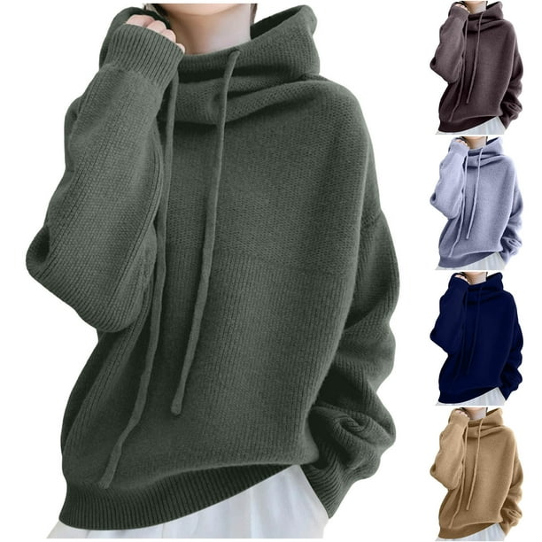 RKSTN Women's Cowl Neck Hooded Sweater Oversized Turtleneck Drawstring Pullover Sweater Tops Womens Casual Solid Puffy Collar Thickened Lazy Style Versatile Long Sleeve Knit Cotton Sweater Outwear