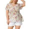 thumbnail image 1 of Women's Plus Size Top V Neck Floral Print Bell Sleeve Tiered Peplum Blouses White 3X, 1 of 7