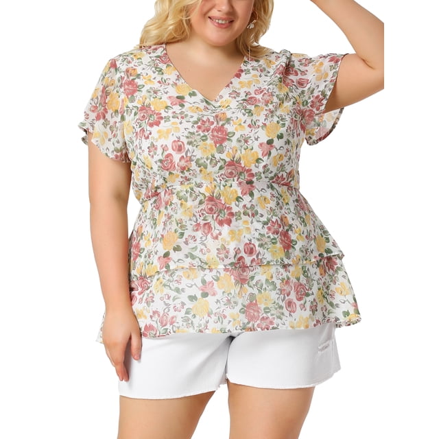 Women's Plus Size Top V Neck Floral Print Bell Sleeve Tiered Peplum Blouses White 4X
