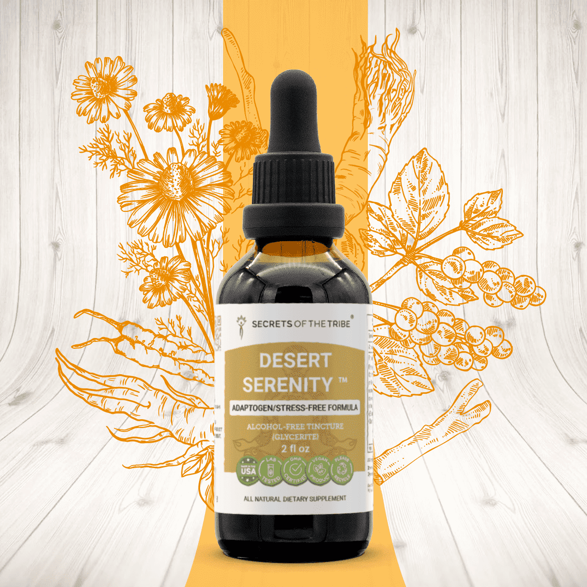 Secrets Of The Tribe Desert Serenity Blend Tincture Dietary Supplement, Natural Extract, Made from Eleuthero, Korean Red Ginseng, Ashwagandha, Chamomile, Rhodiola, Schisandra, Cordyceps 2 oz