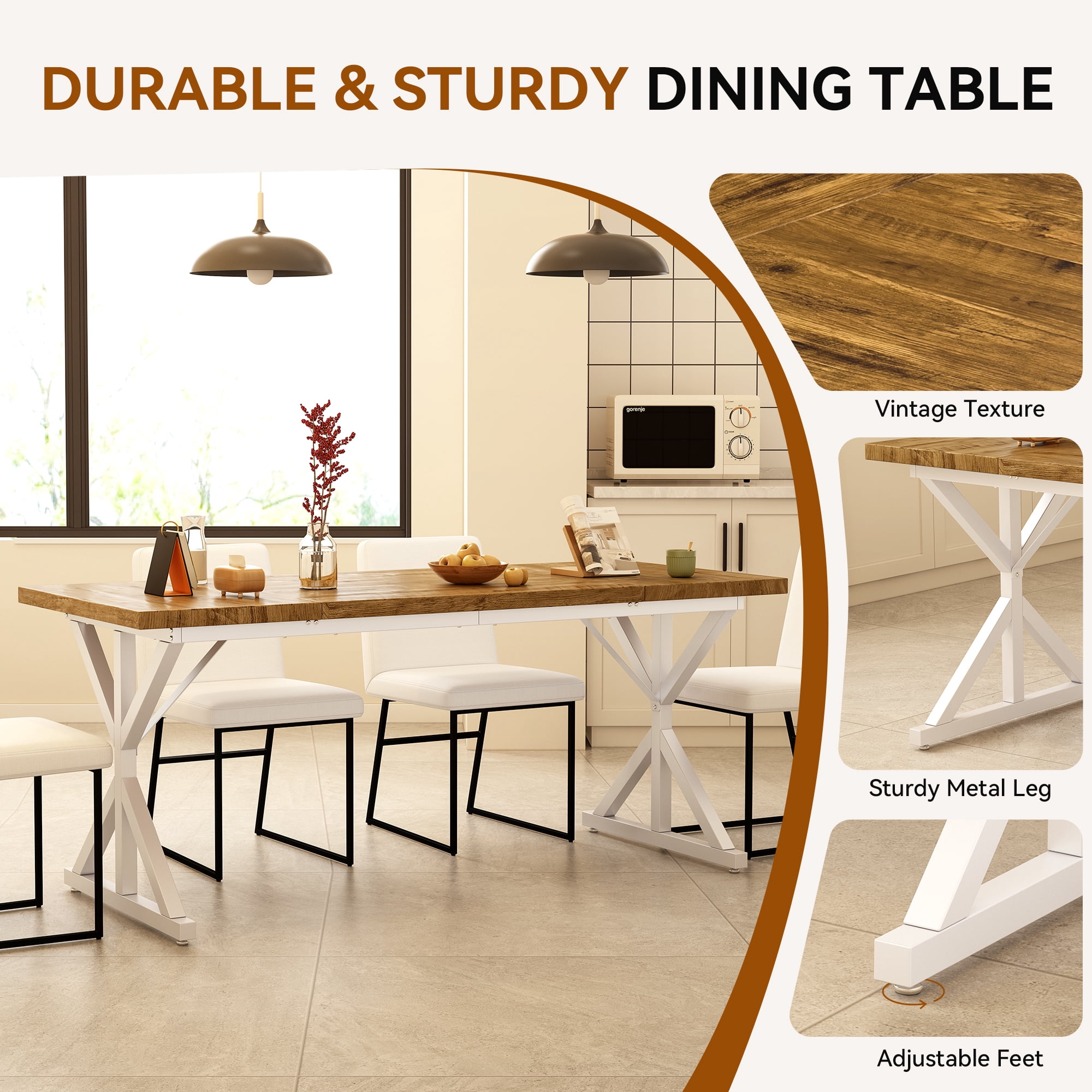 Farmhouse Style Dining Table for 6, 70.8 Inch Rectangular Wooden Dining Table, Rustic Kitchen Dining Table, Extra Heavy Duty Metal Legs for Dining Room