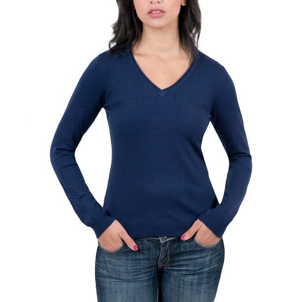 Real Cashmere - Real Cashmere Navy Blue V-Neck Womens Sweater - Walmart ...