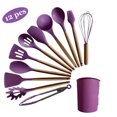 thumbnail image 1 of Juego de 12 utensilios de cocina de silicona con soporte y mango de madera, resistentes al calor, libres de BPA y no tóxicos (morado)., 1 of 5