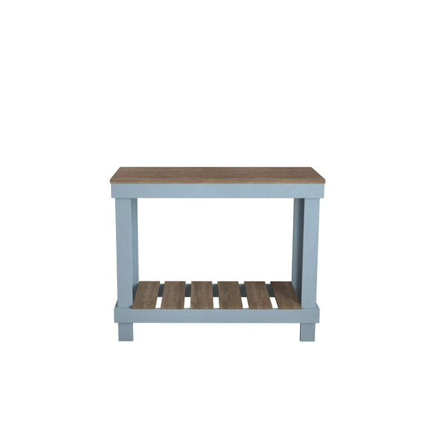 Farmhouse Rustic Wood Small Sofa Table, Natural and Light Blue