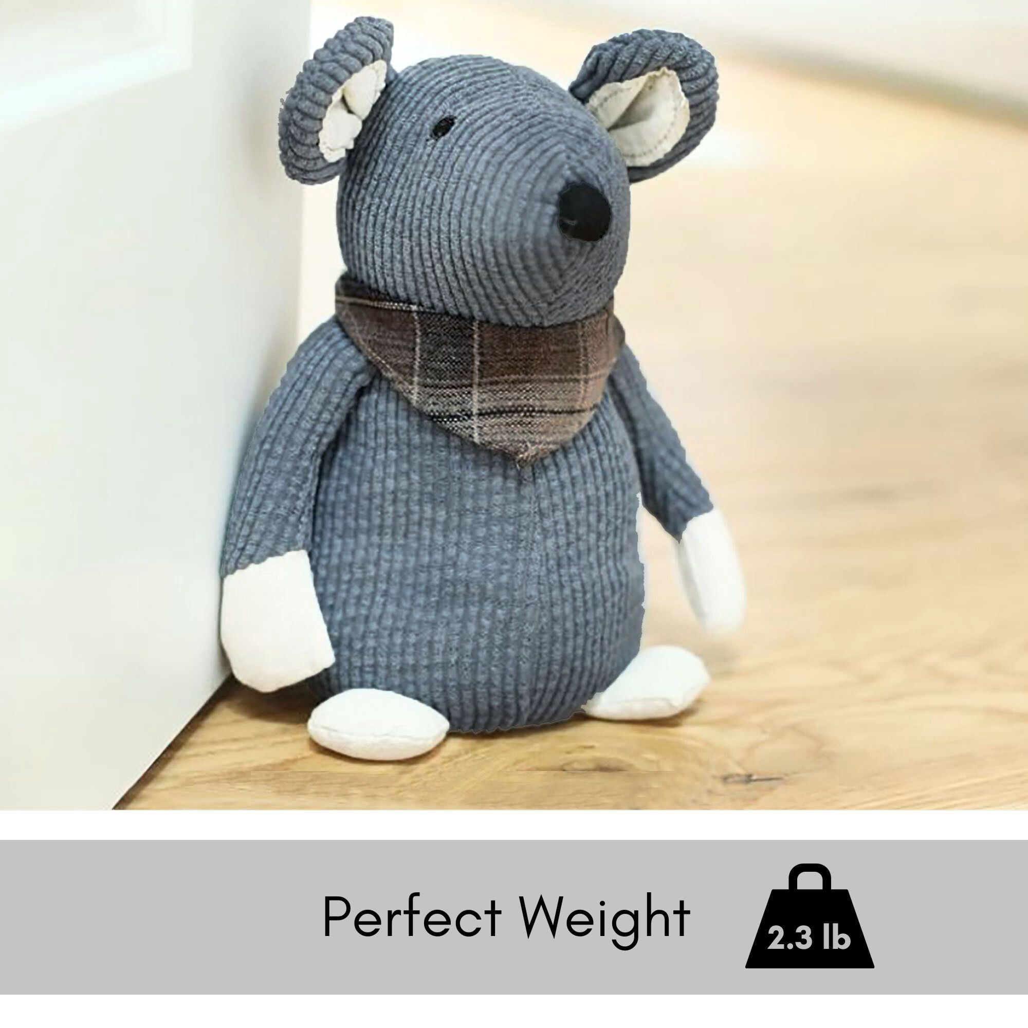 Decorative Mouse Door Stopper - Weighted Animal Doorstop, 2.3 lb., Functional and Cute, Corduroy Fabric - Keeps Doors Open and Prevents Slamming, Perfect for Home or Office - Gray