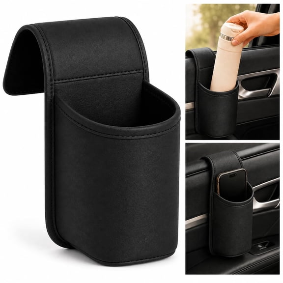 Leather Car Door Cup Holder, Wide Mouth Drink Organizer with Phone Storage for Back Seat and Car Side Door