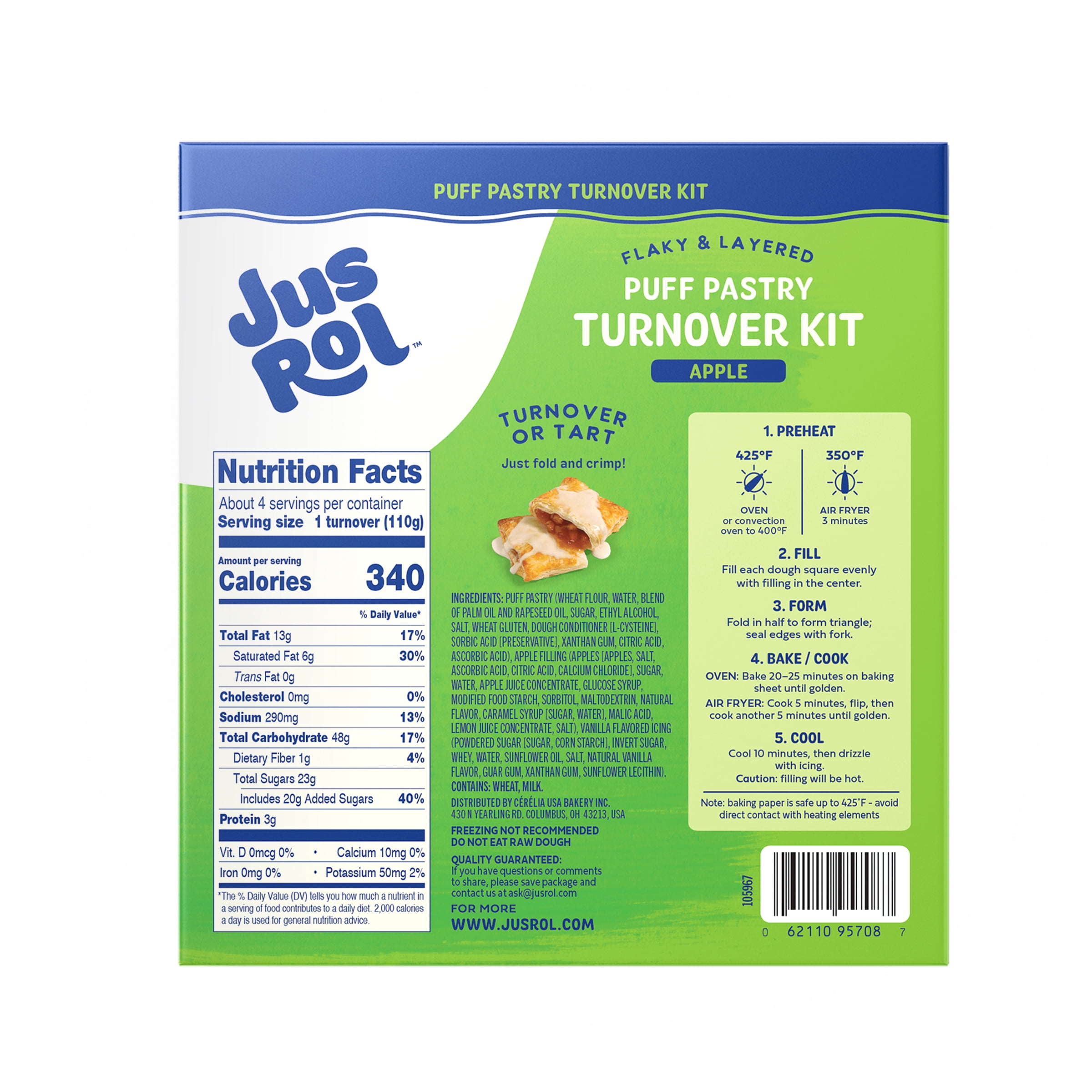 Jus-Rol Puff Pastry Turnover Kit, Apple, 15.45 oz, Makes 4 Turnovers – Refrigerated Flaky and Layered Pastry Kit with Filling and Icing