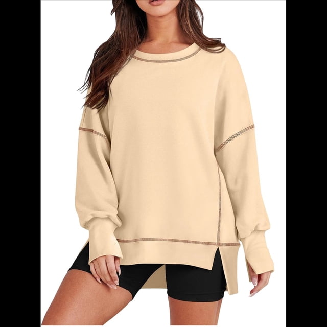 Sudadera Informal de Cuello Redondo para Mujer, de Larga, Holgada, , con Costuras en Contraste, para Otoño. Crema XXL