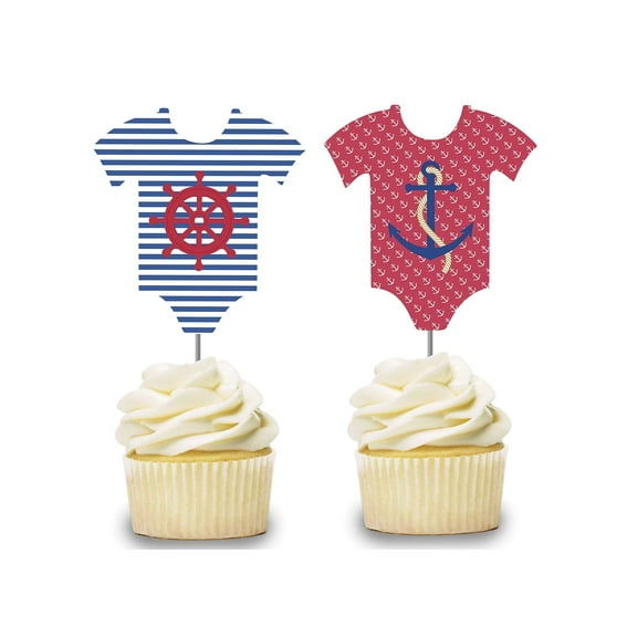 Nautical Baby Shower Cupcake Toppers 12 pcs - Onesie Cake Picks, Baby Shower, Birthday Party Decorations Supplies, Sailor Themed