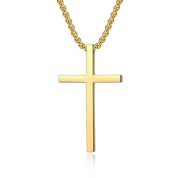 Simple Unisex Cross Necklaces, Basic 14K Yellow Gold Cross Pendant for Women Men,Christ Prayer Collar, Adjustable Box Chain