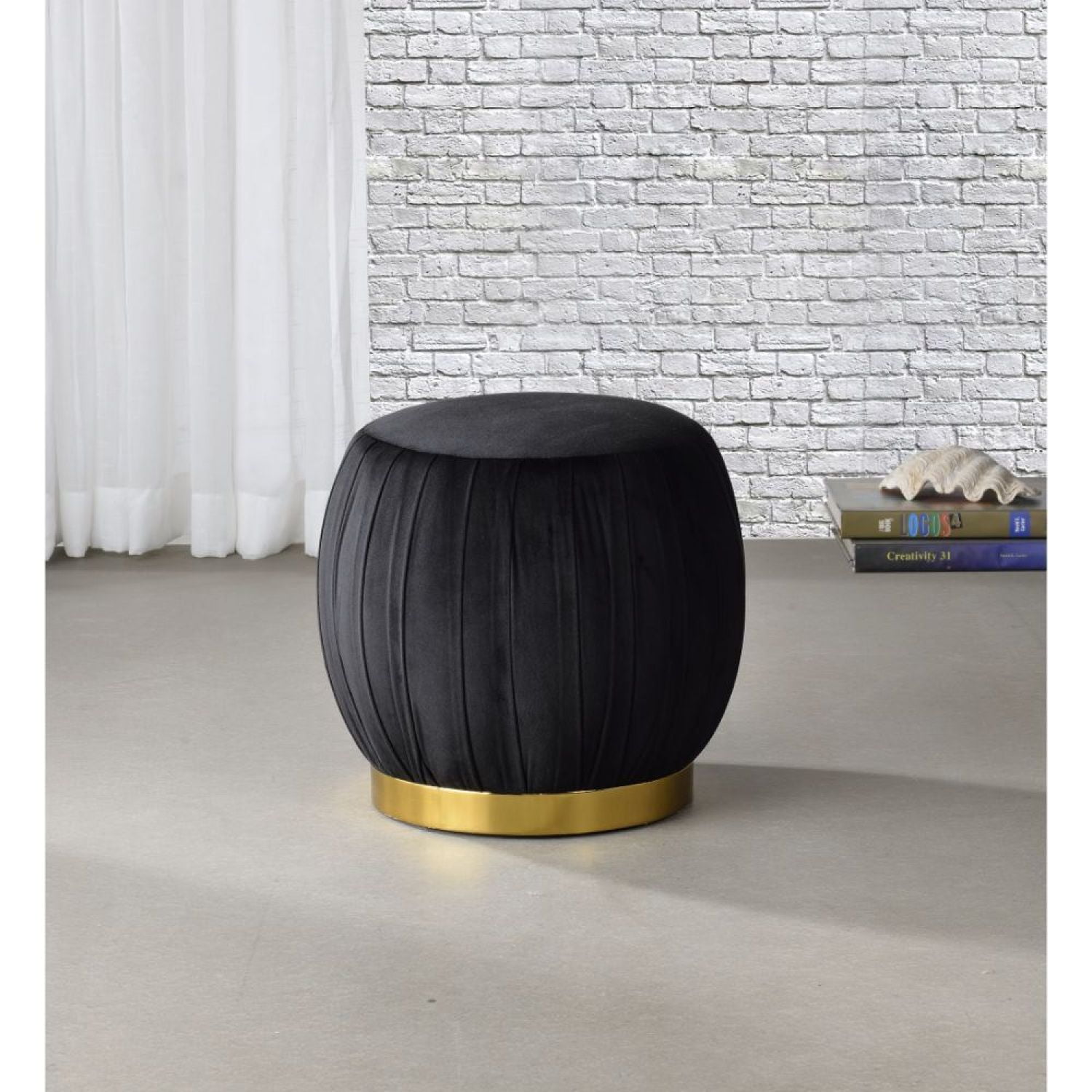 Meelano Luxe Round Black Velvet Ottoman with Gold Cylinder Base