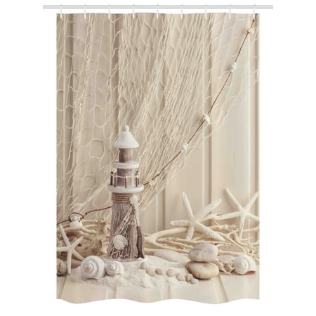 Lighthouse Bathroom Decor (Fishing Net Stall Shower Curtain, Marine Theme with Sea Stars And Shells Underwater Life Wooden Lighthouse Print, Fabric Bathroom Set with Hooks, 54W X 78L Inches, Beige Cream, by)