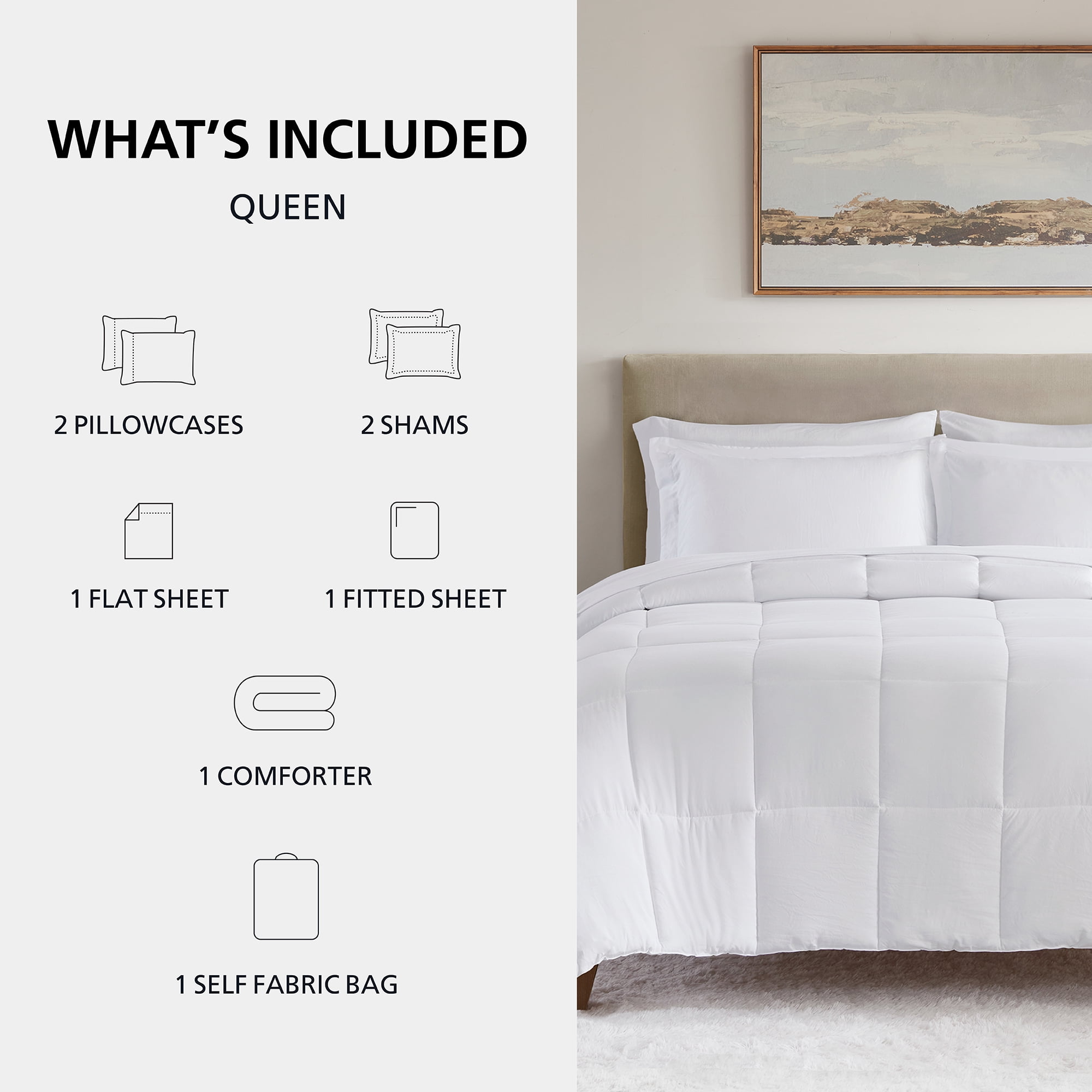 Mainstays All in One Down Alt Reversible Comforter and Sheet set- 7 Piece, Queen, White