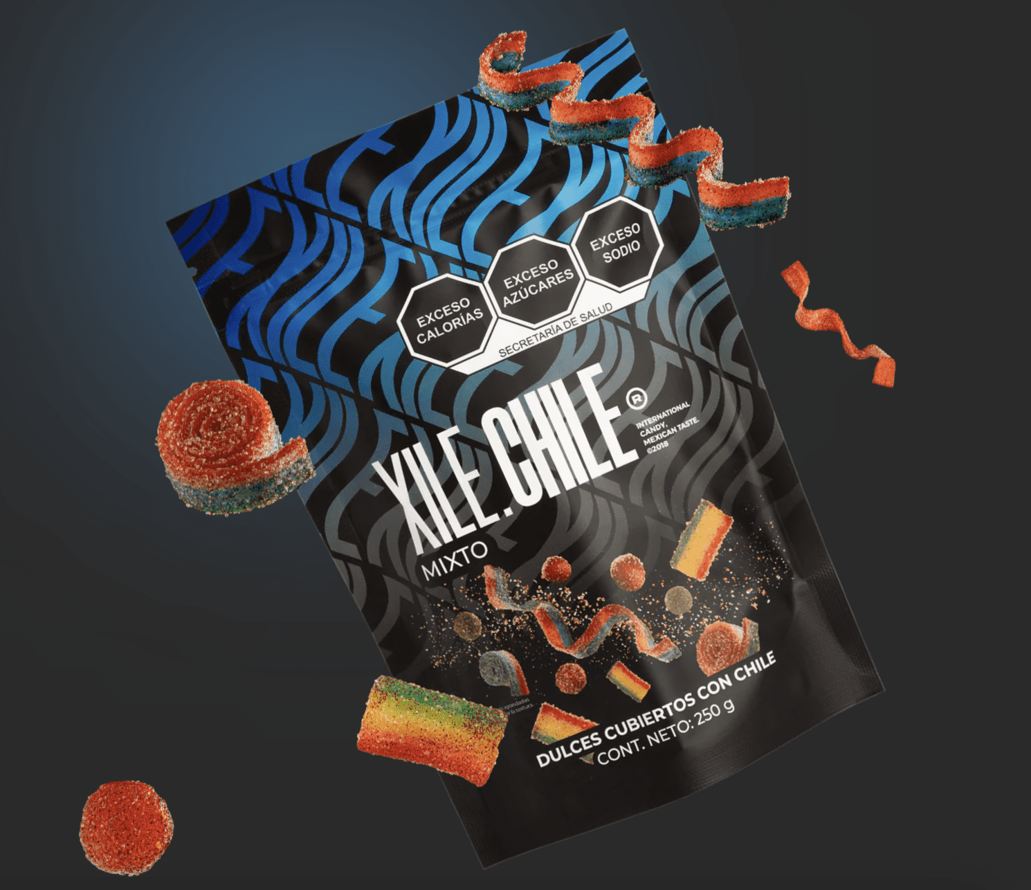 Xile Chile Dulces Enchilados Mixto | 850 Gramos Neto | Dulces Mixtos Cubiertos Con Chile | Rainbow Bites, Cherry Bombs, Tiritas de Fresa y Ski Dots