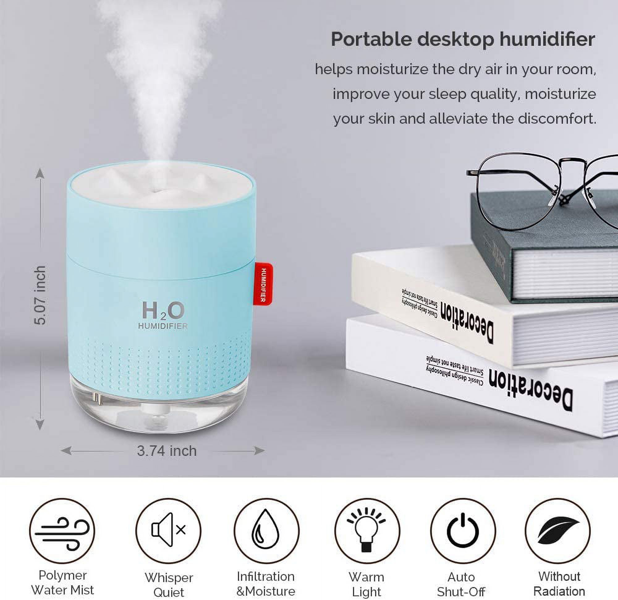 Portable Mini Cool Mist Humidifier, 500ml USB Personal Desktop Humidifier for Baby Bedroom Travel Office Home, Auto Shut-Off, 2 Mist Modes, Super Quiet, Blue