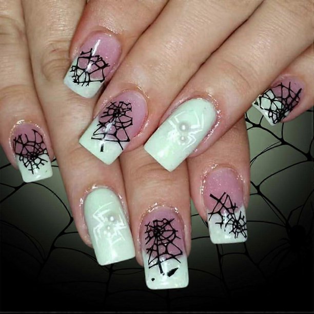 24 uñas postizas cuadradas medianas de acrílico con diseño de telaraña para Halloween para mujer.
