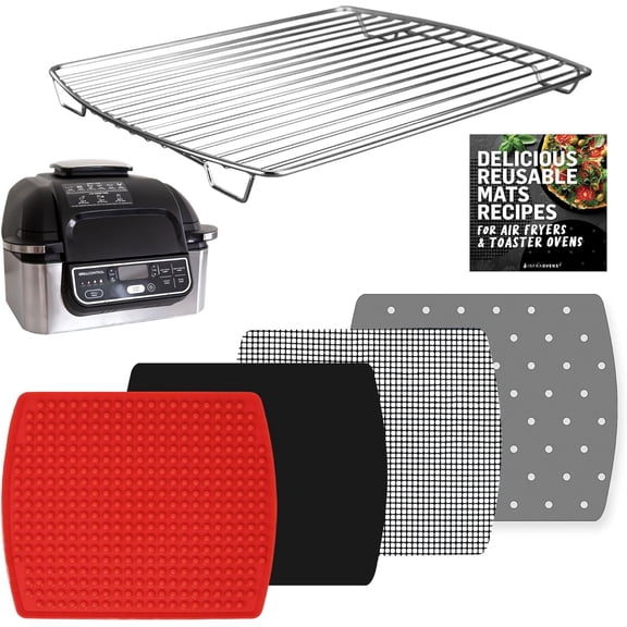 Air Fryer Rack and Reusable Liners For Ninja Foodi Grill 5-in-1 AG301 4qt, Airfryer Accessories, Replacement for Parchment Paper, Heat Resistant Mats and Stainless Steel Cooking Rack by