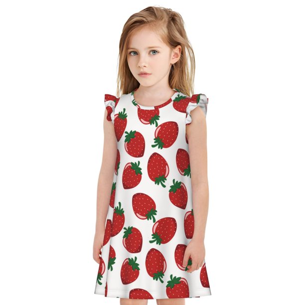 Balery Hand Drawn Strawberry Camisón de princesa para niñas, pijama de algodón con mangas abullonadas, suave y bonito.-Large