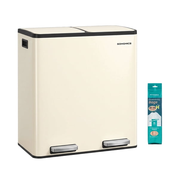 SONGMICS Trash Can, 2 x 8 Gallon (2 x 30 L) Double Compartment Garbage Can for Recycling, Stainless Steel, with 15 Liner Bags, Almond Color
