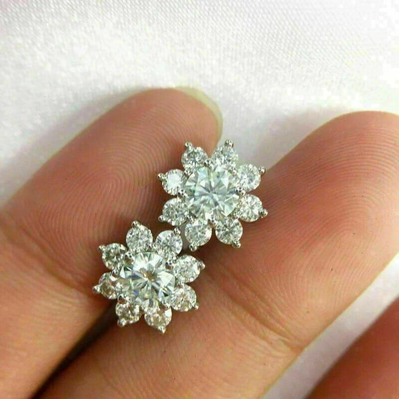 14K White Gold Finish 2Ct Round Cut Lab Created Diamond Flower Stud Earrings